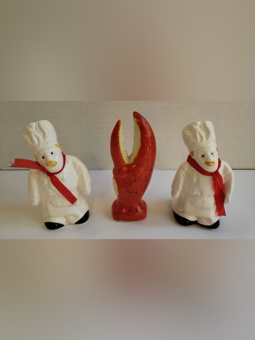 Cook Chef Salt & Pepper Shakers + Red Lobster Claw Shaker Vintage